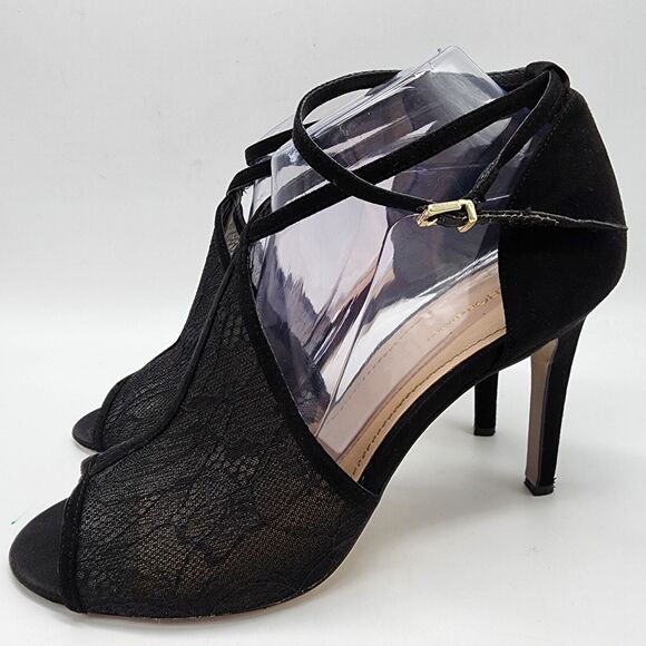 BCBG Black Mesh Floral Lace Stiletto Heels Size 11 Ankle Strap Open Toe Wedding - Picture 3 of 13